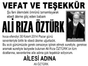 Ali Rıza Öztürk Ailesi Adına Vefat ve Teşekkür Mesajı 